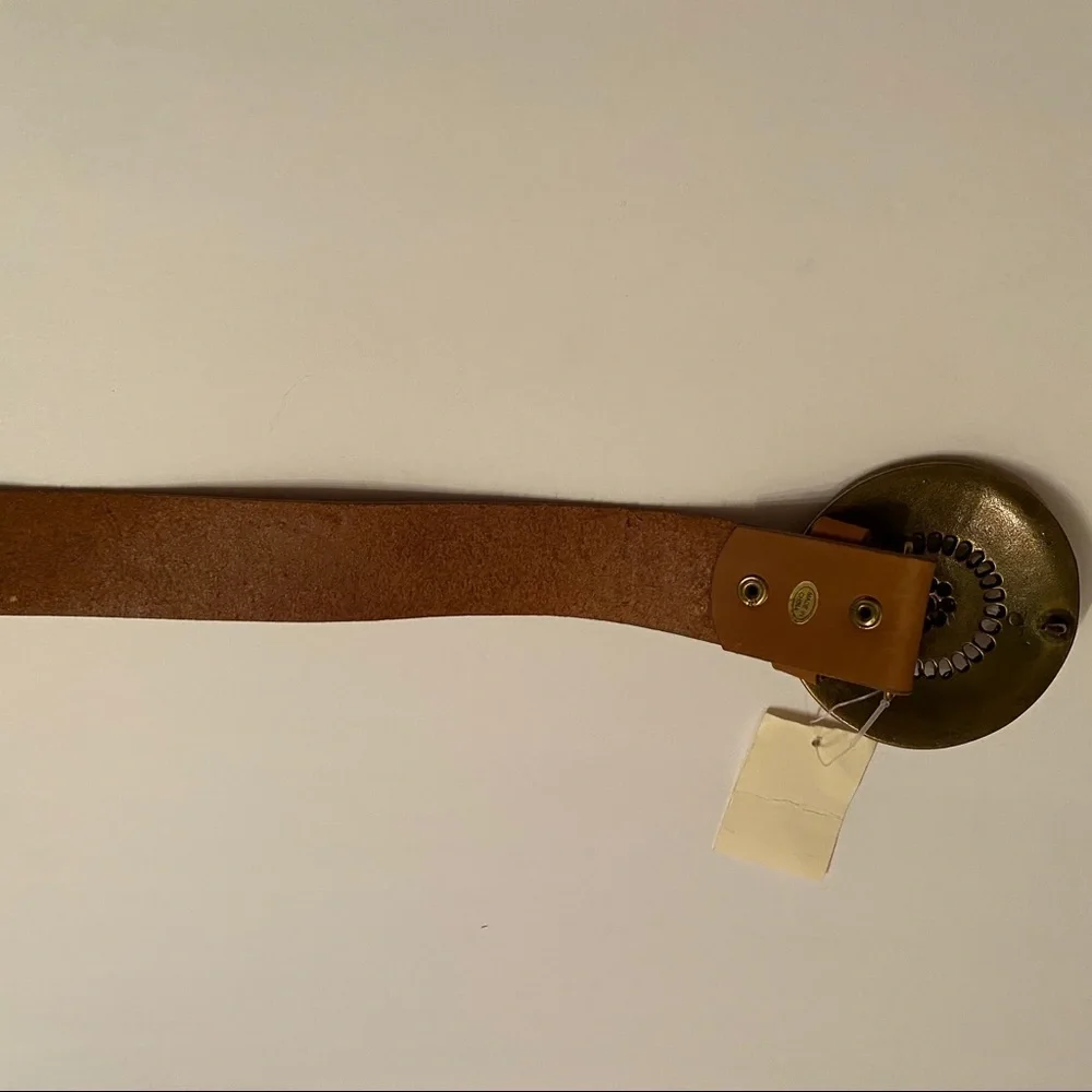 OLGA SANTINI BELT NEW BROWN LEATHER FIRE CIRCLE BUCKLE ADJUSTABLE NWT SIZE L